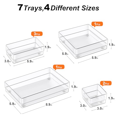SMARTAKE 7-Piece Drawer Organizer with Non-Slip Silicone Pads, 4-Size Desk Drawer Organizer Trays Storage Tray for Makeup,...