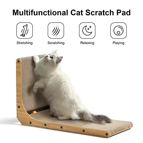 FUKUMARU Cat Scratcher, 26.8 Inch L Shape Cat Scratch Pad Wall Mounted, Cat Scratching Cardboard with Ball Toy for Indoor ...