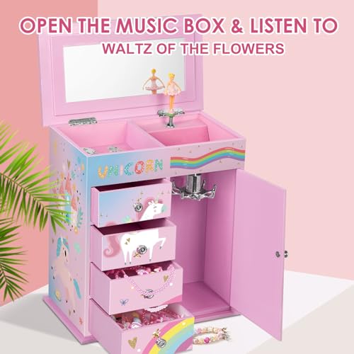 efubaby Jewelry Box for Girls 5-Layer with Swing Door Spinning Ballerina Unicorn &Castle Design Unicorn Jewelry Set Includ...