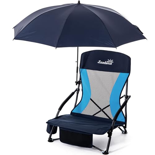 Lamberia Folding Beach Chair with Umbrella for Adults, Portable Low Beach Chairs with 300lbs Capacity, Lightweight Fodable...
