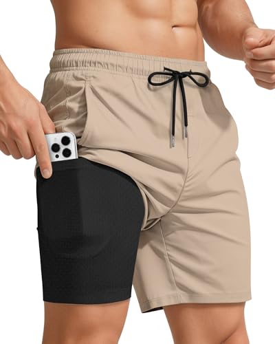 Yufawow Men Swim Trunks with Compression 7 Inches Breathable Liner Quick Dry Zipper Pockets for Board Beach Gym Running