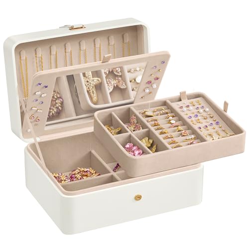 SONGMICS Jewelry Box Organizer with Mirror, 2-Layer Jewelry Holder Case, Removable Tray, 6.9 x 8.7 x 4.3 Inches, Earring N...