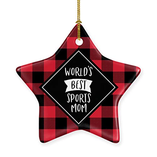 Andaz Press Star Ceramic Porcelain Christmas Tree Ornament Keepsake Gift, World's Best Sports Mom, Plaid, 1-Pack, Birthday...