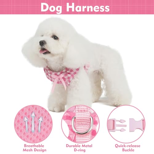 EXPAWLORER Cute Dog Harness Collar Leash Set - Pink Girl Dog Harness Checkered Step-in Design, Detachable Bow Pet Collar, ...