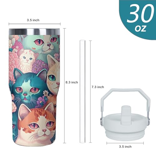 Xchearser Tumbler with Handle and Flip Straw for Women Men, 30oz Cute Cat Stainless Steel Insulated Cup, Water Bottle Trav...