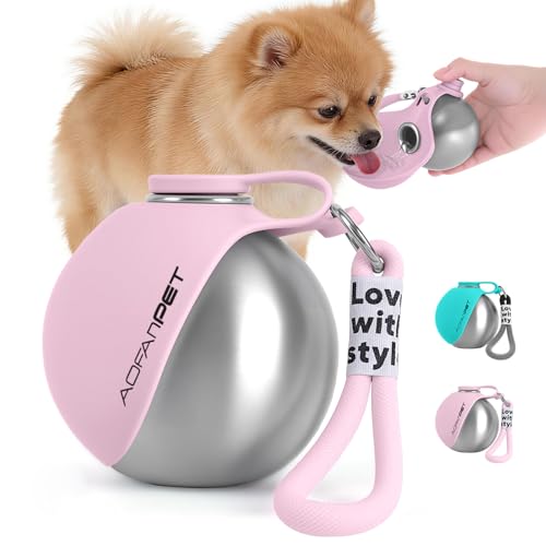 AOFANPET Portable Dog Water Bottle 10oz Stainless Steel Travel Dog Water Dispenser with Bowl No-Spill Puppy Water Bottle f...