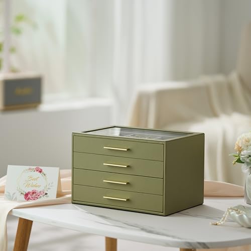 Jewelry Box Organizer Case for Women: 4-Layer Jewelry Storage Case with Glass Window, Olive Green Leather with Cream Velve...