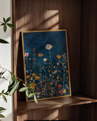 WHASAYART Botanical Floral Canvas Print 12x16 Framed Wildflower Wall Art, Rustic Dark Blue Colorful Flower Artwork, Vibran...