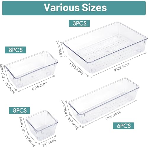 WOWBOX 25 PCS Clear Plastic Drawer Organizer Set, 4 Sizes Desk Drawer Divider Organizers and Storage Bins for Makeup, Jewe...