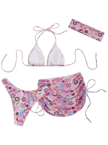 RoseSeek Women's 4 Piece Swimsuits Halter Triangle Bikini Sets Bathing Suit with Mesh Cover Up Skirt & Bandana
