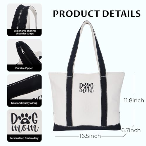 GOPHIE DOG MOM Embroidered Canvas Tote Bag - Large Dog Lover Gift for Women,Zippered Dog Tote Bag for Supplies