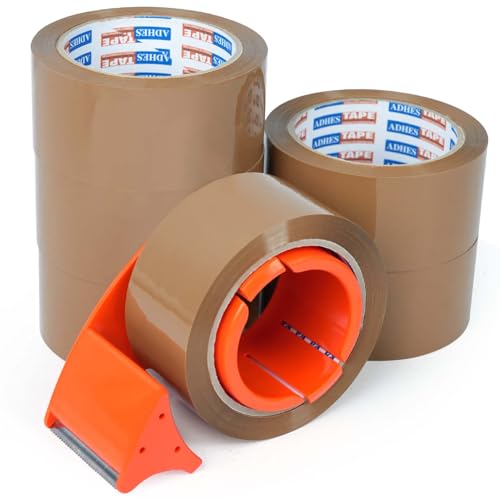 ADHES Brown Packing Tape with Dispenser, 1.88 Inch x 55 Yards, 6 Rolls Heavy Duty Shipping Tape for Moving Boxes, Packagin...