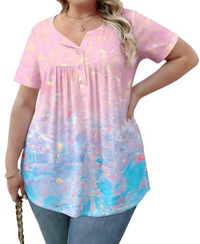WRRH Women's Summer Short Sleeve Tunic Plus size ladies shirts Floral Blouse Loose Flowy Tops for Leggings M-4XL