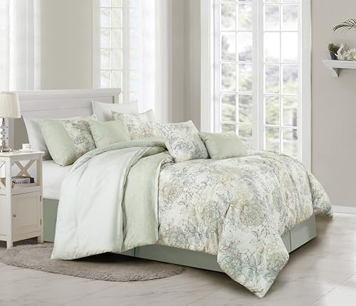Chezmoi Collection Rosaline 7-Piece Floral Botanical Comforter Set King - Floral Embroidery Soft Green Gray Floral Printed...