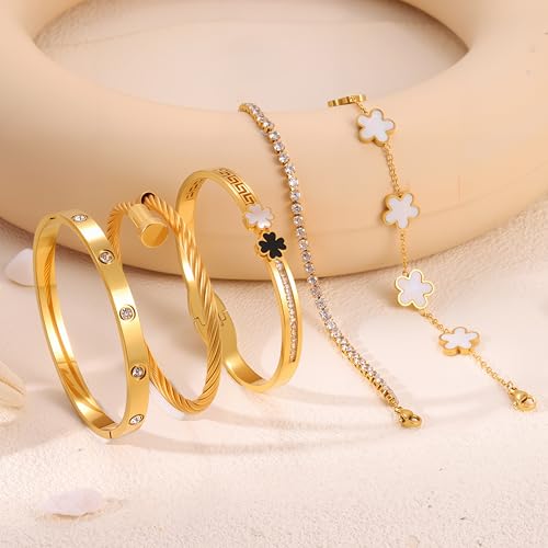 Camhanno 5pcs Gold Stackable Bracelet Set for Women - Stainless Steel Non-Tarnish Clover Lucky Charm Jewelry, Trendy Gift ...