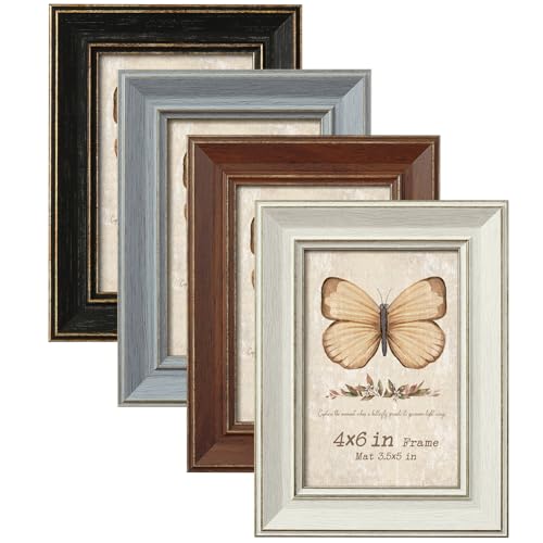 4x6 Picture Frames Set of 4, Rustic Farmhouse Photo Frame with Tempered Glass, Distressed Vintage Frame Bulk 3.5x5 With Ma...