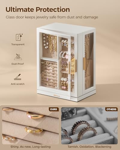 Glimmloop 360° Rotating Jewelry Box with 7 Drawers, Spacious Vertical Jewelry Organizer with Glass Window, Jewelry Storage...