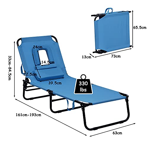 Gotoplay Folding Beach Lounge Chair w/ 5 Adjutable Backrest & Padded Pillow, Sunbathing Lounger Chair, Sun Tanning Lay Fla...