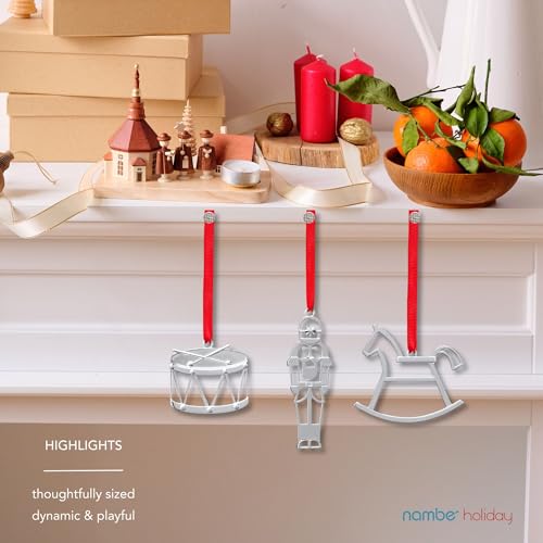 Nambe 2022 Miniature Ornament Set – Silver-Plated Rocking Horse, Nutcracker and Drum Christmas Ornaments, Holiday Tree Dec...