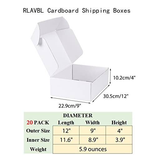 RLAVBL 12x9x4 Inches Shipping Boxes Set of 20, White Corrugated Cardboard Box, Mailer Boxes for Small Business