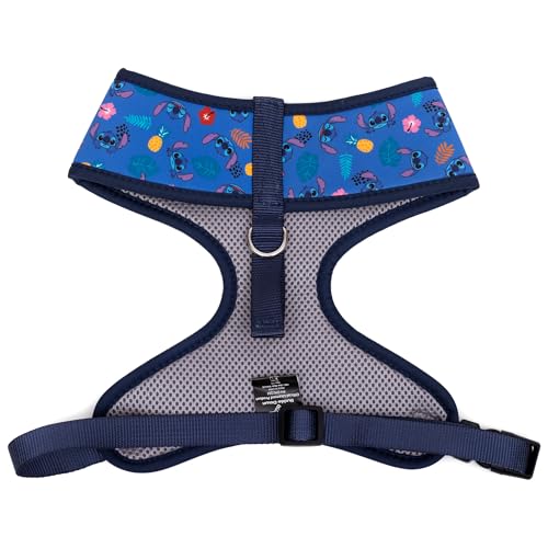 Disney Plastic Buckle Pet Harness, Lilo and Stitch Poses and Icons Scattered Blues Black, Fits 11" Neck and 13-17" Chest