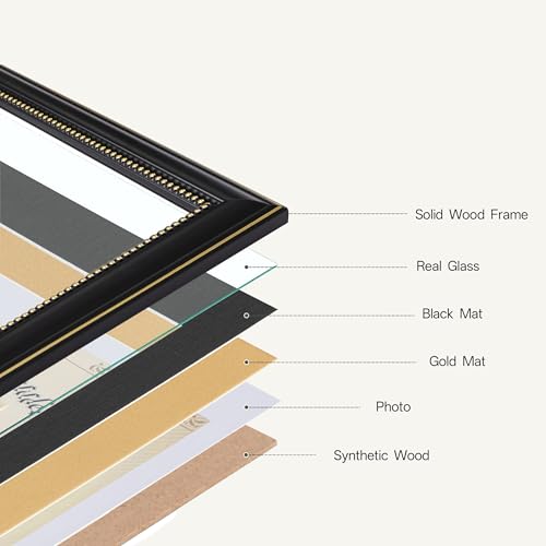 eletecpro 11×14 Diploma Frame for 8.5×11 Degree, Solid Wood with Real Glass, Black & Gold Mat, Wall or Tabletop Display, O...
