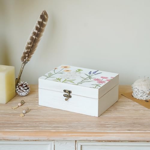 Synovana Small Decorative Box with Hinged Lid Wooden Handmade Keepsake Storage Box Floral Printed Jewelry Box Rustic Trink...