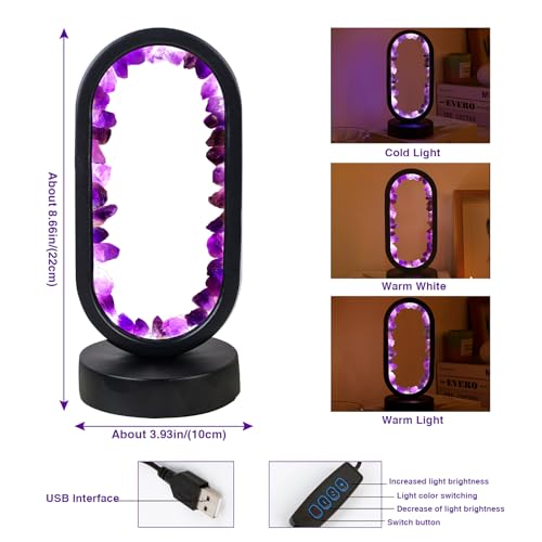 Runyangshi Crystal Lamp Amethyst Raw Stone Ellipse Night Lamp Natural Healing Crystal Night Light Table Lamp Base USB Port...