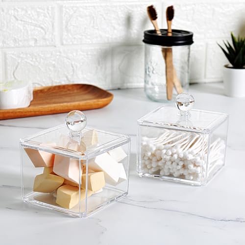 SheeChung 2-Pack Modern Square Acrylic Qtip Holder - Clear Apothecary Jars with Lids - Bathroom Vanity Storage Canister - ...
