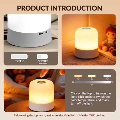 Cravonel Portable Baby Night Light, 3 Color Egg Lights for Nursery, 2400mAh, Small Rechargeable LED Lamp, Dimmable Touch N...