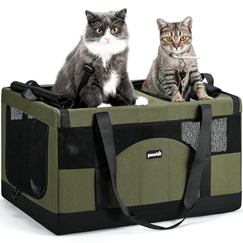 Pecute Dual Compartment Pet Carrier for Multi-Cat Families & Small Dog Owners, Collapsible Dog Crate with Reinforced Steel...