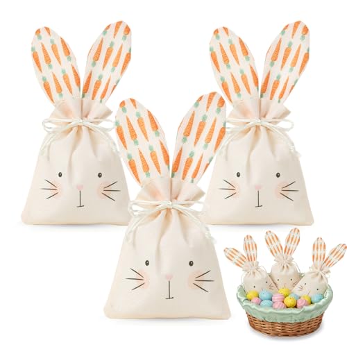 Easter Treat Bags, 3Pcs Easter Bunny Gift Bags, Reusable Burlap Rabbit Ear Gift Pouches with Drawstring for Candy Egg Hunt...