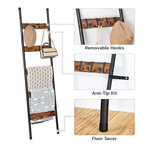 HOOBRO Blanket Ladder, 5-Tier Towel Rack with Hooks, Wall-Leaning Blanket Rack, Decorative Display Ladder Shelf, for Scarv...