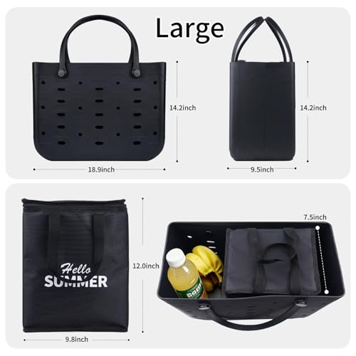 PoVwlty Rubber Beach Tote Bag with Insulated Cooler Bag, Waterproof Sandproof Pool Bag for Beach, Travel- Perfect for Summer