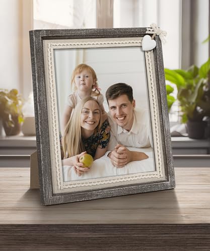 Sapowerntus 8x10 Picture Frames Rustic Wood Farmhouse Cute Heart Love Solid Wooden Family Photo Frame Lace Bow Glass Boho ...