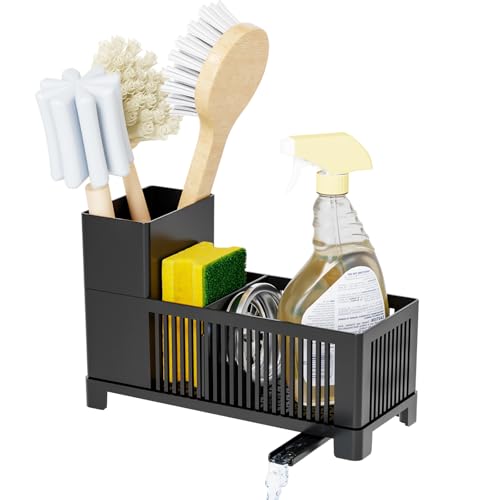 Sink Caddy & Kitchen Sink Organizer,Black Sponge Holder with High Scrub Brush Holder,Plastic Kitchen Countertop Organizer,...