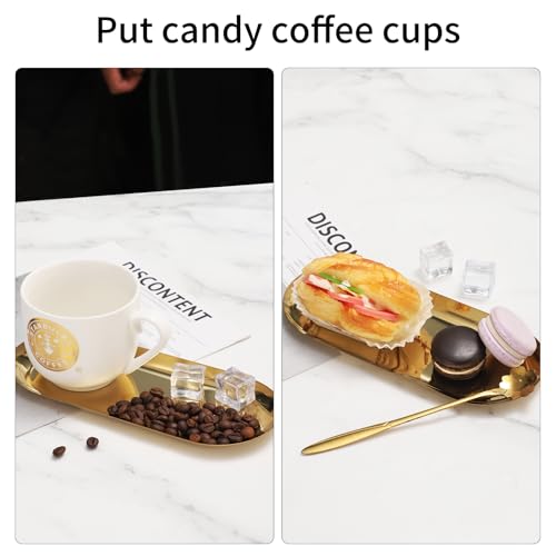 2Pack Gold Decorative Trays Bathroom Vanity Tray for Dresser Counter, Stainless Steel Jewelry Dish Cosmetics Organizer, Pe...