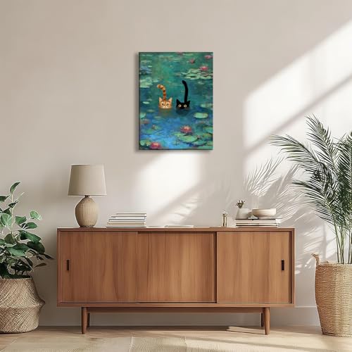 Funny Cat Canvas Wall Art Impressionist Water Lily Painting Picture Wall Decor Modern Cute Animal Lover Poster Print Artwo...