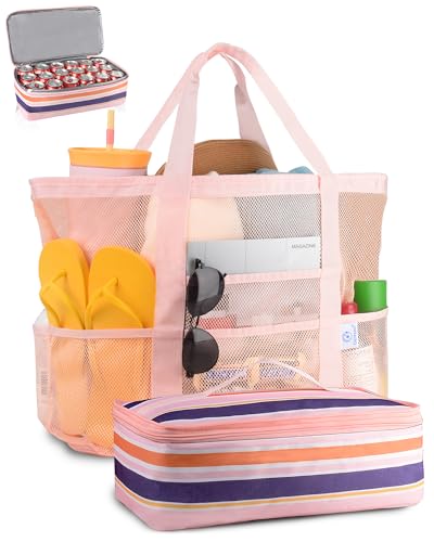 Genteen Beach Bag for Women, Mesh Tote Bags with Zipper, Sandproof Vacation Essentials with Cooler for Swim Cruise Pool