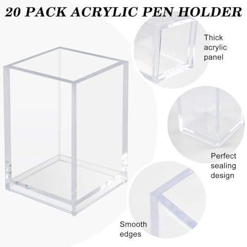 20 Pack Clear Acrylic Pen Holder for Desk, Pencil Cup Makeup Brush Organizer, Square Acrylic Pencil Holders for Office Sch...