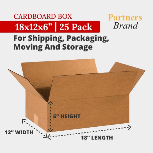 Partners Brand 18x12x6 Corrugated Cardboard Boxes, 18"L x 12"W x 6"H, Pack of 25 | Shipping, Packaging, Moving, Storage Bo...
