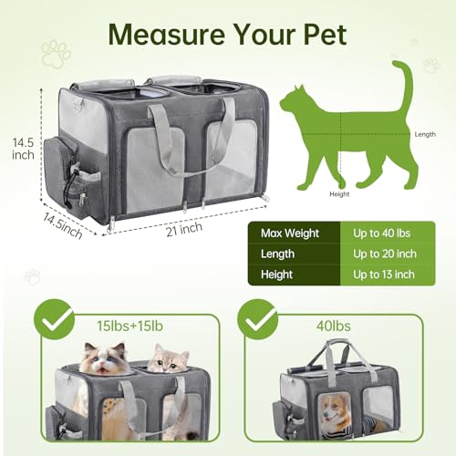 TOYSBOOM Cat Carrier for 2 Cats - Double Pet Carrier Extra Large, Dual Cabin Multi Cat Travel Carrier with Removable Divid...