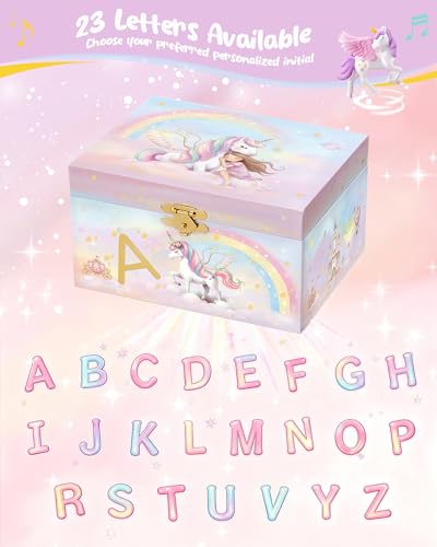 Lolalet Unicorn Jewelry Box for Girls, Kids Initial Musical Jewelry Organizer with Spinning Doll, Personalized Birthday Gi...