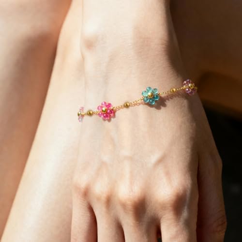VceTd Bohemian Beaded Necklace and Bracelet Set for Women, Colorful/Pink/Green/Rose Red Daisy Flower Pendant with 18K Gold...