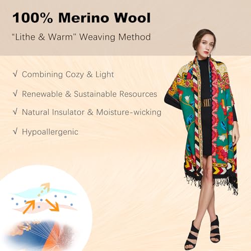 DANA XU 100% Merino Wool Pashmina Shawl for Women 96"x43", Oversized Cashmere Wrap with Tassels, Floral Travel Blanket Cape