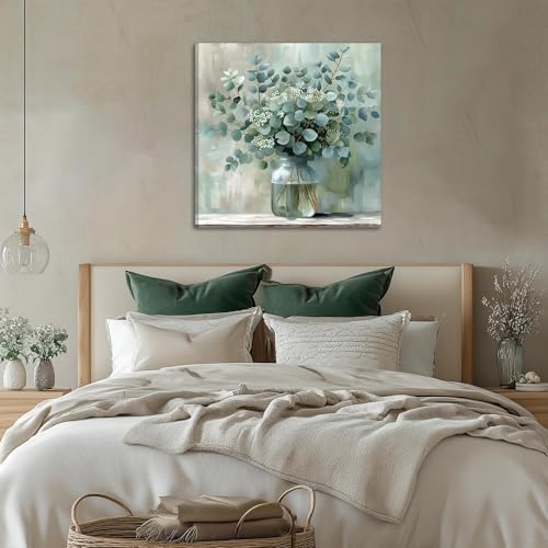FWAHREN Botanical Eucalyptus Canvas Wall Art, Framed Sage Green Plant Prints Artwork, Farmhouse Wild Flower Pictures, Larg...