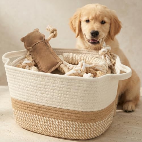 Stylish Cotton Rope Storage Basket For Dog Toys, Magazines or Books - The Perfect Woven Bin with Handles For Everyday Orga...