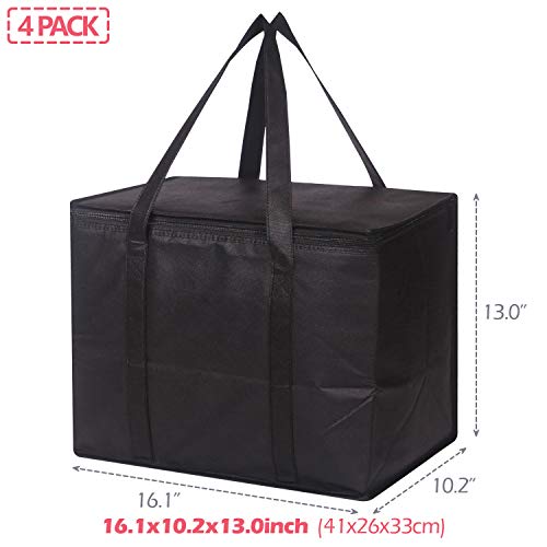 Set of 4 Large Insulated Reusable Grocery Bags with Sturdy Zipper and Handles, Foldable Washable Heavy Duty Cooler Totes f...