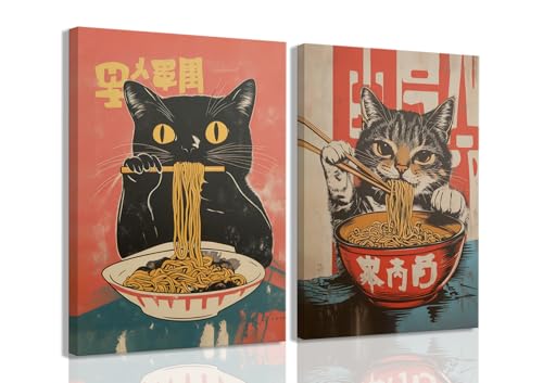 Framed Funny Black Cat Canvas Wall Art Set of 2, Vintage Japanese Cat Eating Ramen Poster, Unique Gifts and Animal Lover P...