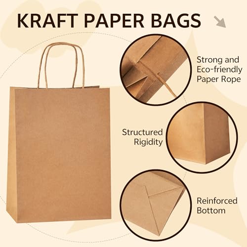 YEEHAW Brown Paper Bags with Handles Bulk 8"x4.5"x10.8" 100Pcs Gift Kraft Bags Medium Size, Brown Craft with Handles, Gift...